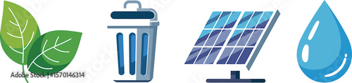 Illustration of leaves, trash can, solar panel, and water drop on light background