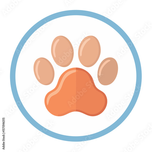 Cartoon Animal Paw Print Icon in Circle, Light Blue Border, Tan Toe Beans, Vector Symbol