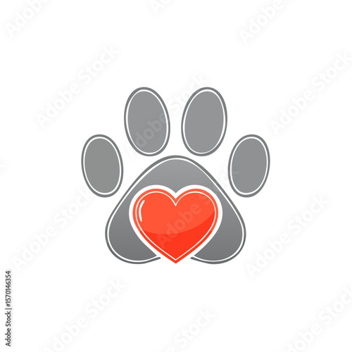 Paw Print with Heart Icon on Black Background Pet Love and Animal Care Symbol