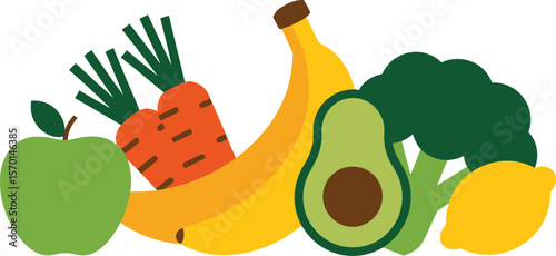 A still life illustration of a variety of fruits and vegetables together flat style