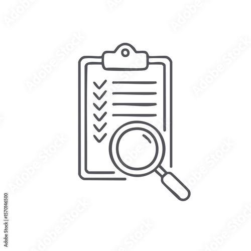 Inspection clipboard with magnifying glass in line style, audit checklist concept, document search tool, planning report analysis process
