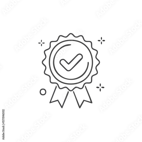 Outline style badge icon with a checkmark and ribbons against a dark background