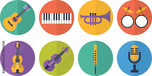 Eight colorful circles displaying various musical instruments and a microphone