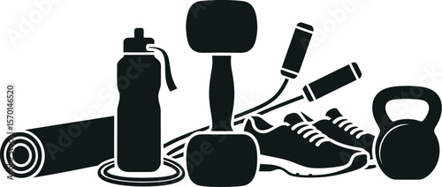 A collection of fitness equipment including a mat and water bottle and weights