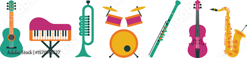 Illustrated musical instruments including guitar piano trumpet and saxophone