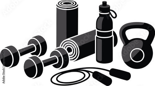 A collection of fitness equipment including dumbbells mat and kettlebell items