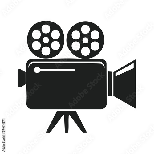 Retro movie camera icon showing old film recorder on a tripod with reels and details in black and white vector illustration