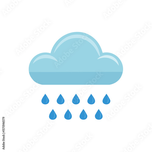 Cartoon cloud with raindrops on black background, weather illustration, symbol of rain and storm, weather forecast icon