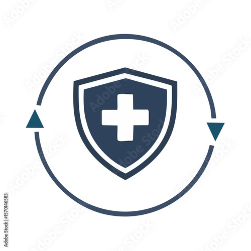 Protective shield with cross and arrow cycle offering health insurance solutions and data security for continuous healthcare improvement
