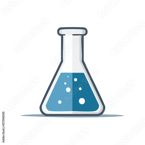 Laboratory Erlenmeyer Flask Filled with Blue Liquid and Bubbles in Cartoon Style