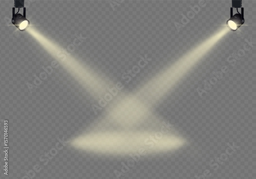 Spotlight, stage lighting, theater stage lighting, concert hall lighting on transparent background. Isolated lighting. Vector illustration.