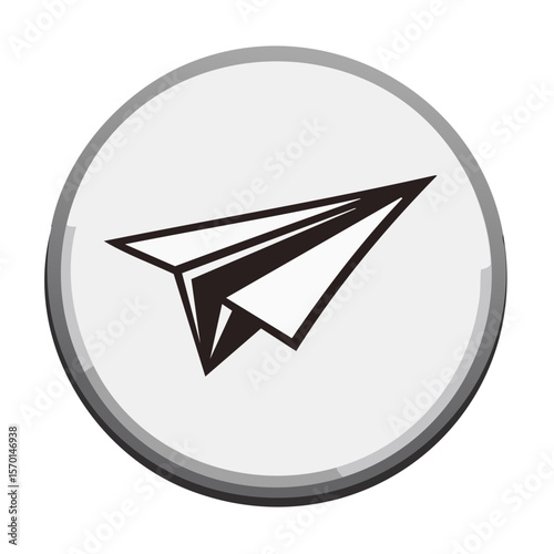 Paper airplane icon in a circle on white, simple graphic design for concepts related to travel or email