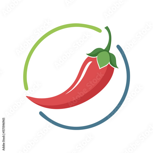 Vibrant red chili pepper encircled by abstract green and blue shapes against a dark background illustration for graphic design and branding concepts