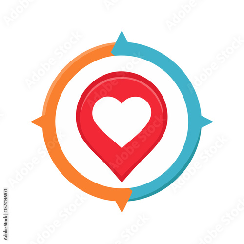 Heart Location Pointer Icon Inside Circular Arrow Design with Orange and Blue Colors