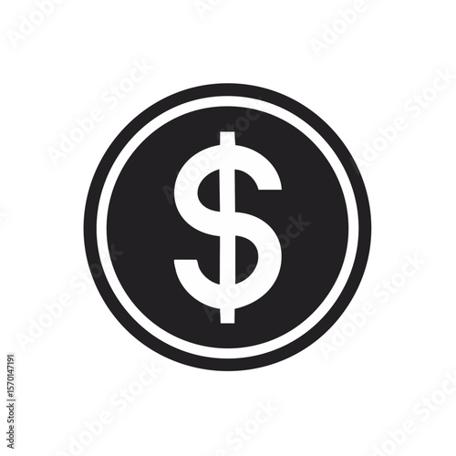 Dollar symbol on a black round background represents money, finance and currency.