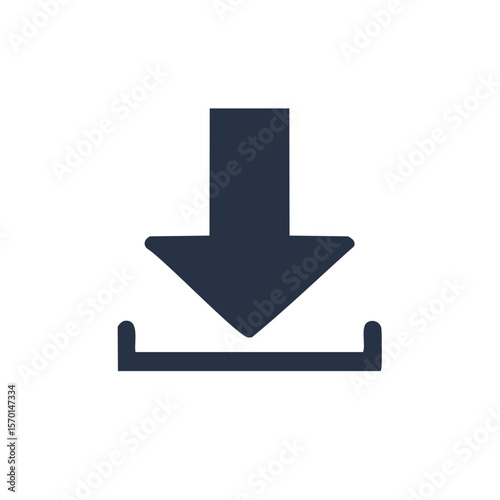 Download icon illustration with dark navy arrow indicating process isolated on solid black background depicting technology usage and digital concepts