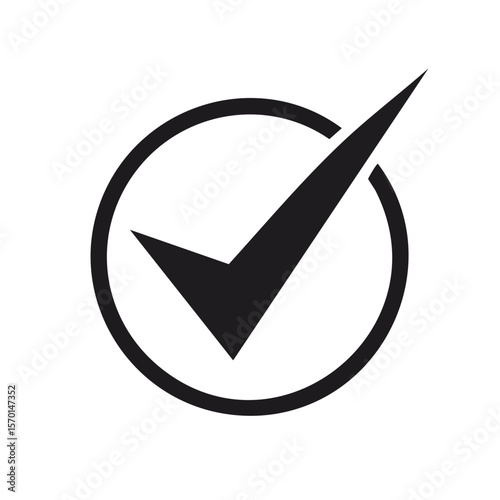 Black check mark symbol in a circle represents approval and validation icon for success and agreement with a solid fill in minimalist style