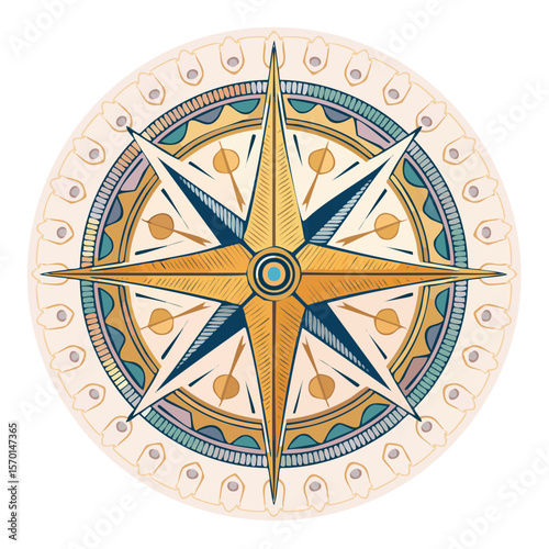 Golden windrose compass illustration for navigation guidance direction finding graphic design decorative ornament travel icon symbol exploration adventure