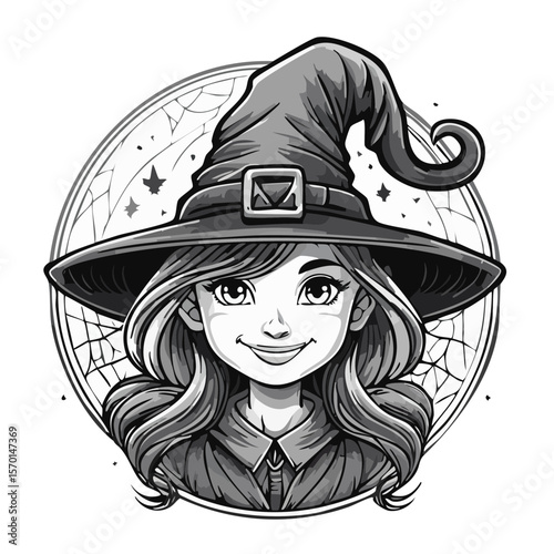 Halloween cartoon illustration of a witch girl wearing a hat against a full moon backdrop in black and white drawing for cards and design purposes