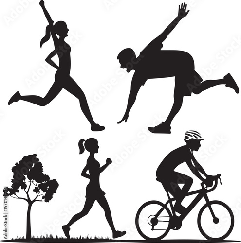 Active silhouettes featuring running cycling and exercise with a tree in a black and white composition