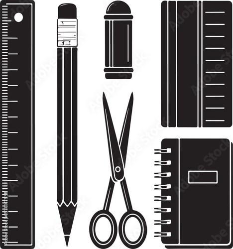 Black and white school supplies stationery elements for education and design projects