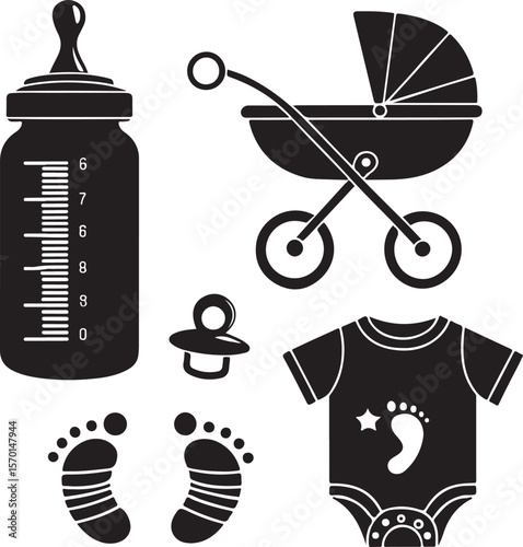 Black and white silhouette illustrations of baby accessories including a bottle and baby carriage