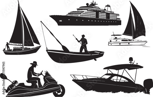 Black and white silhouette illustrations of various boats for maritime adventures and travel