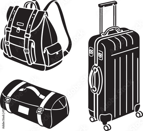 Black and white travel bags including a backpack suitcase and duffle bag vector illustration