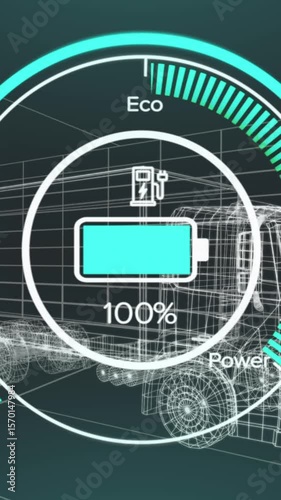 Animation of battery level over electric truck project on navy background