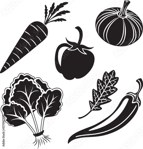 Black and white vector illustration featuring various vegetables and organic shapes for design