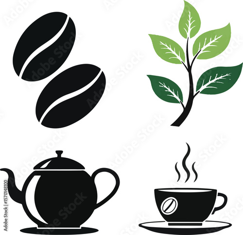 Coffee and tea elements vector illustration featuring beans leaves teapot and cup of tea