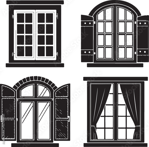 Collection of four stylized window illustrations in black and white decorative architectural designs