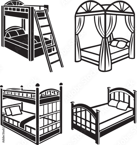 Collection of hand drawn bedroom furniture illustrations featuring beds and bunk beds in black and white
