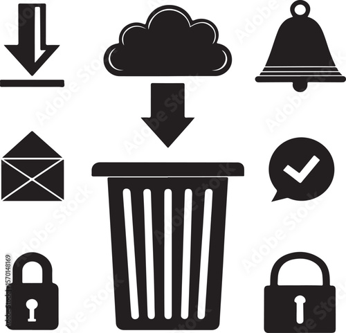 Collection of simple black and white icons representing digital and online concepts