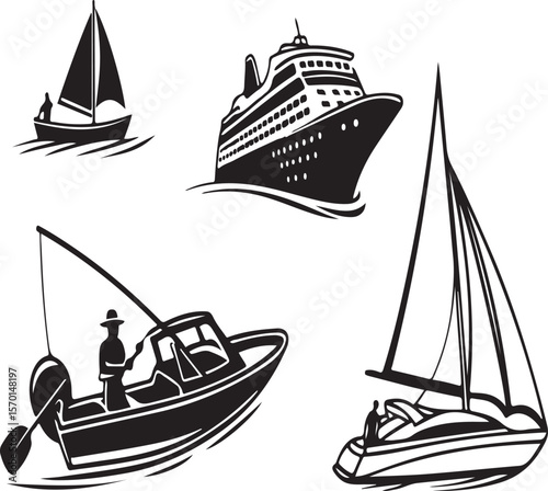 Collection of vector illustrations featuring boats, cruise ship, sailboat, and fishing vessel
