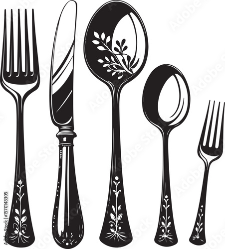 Elegant black and white cutlery set with floral decorations for dining and table setting