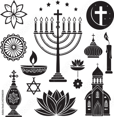 Diverse religious and spiritual symbols silhouettes in black and white for various designs