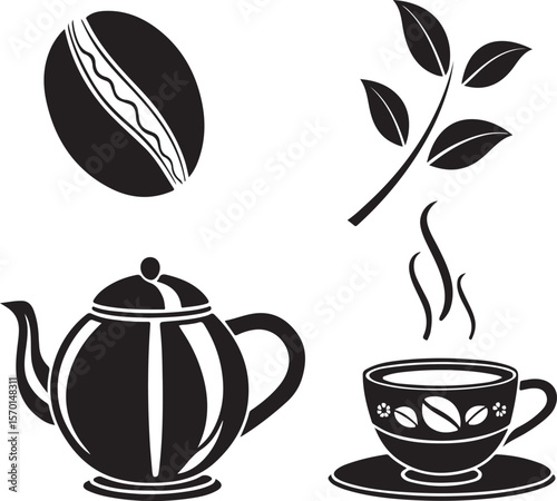 Elegant black and white coffee and tea icon set depicting beverages and brewing elements
