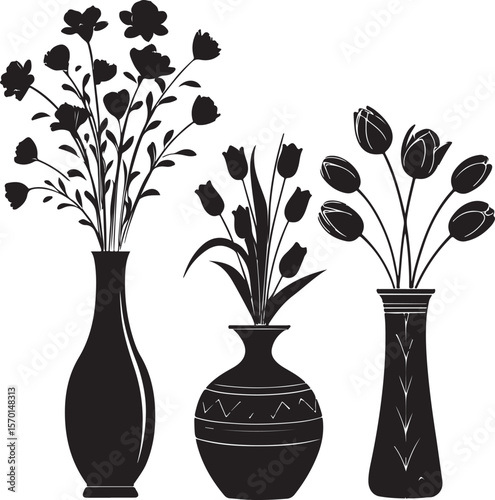 Elegant black and white floral arrangements in decorative vases isolated on white