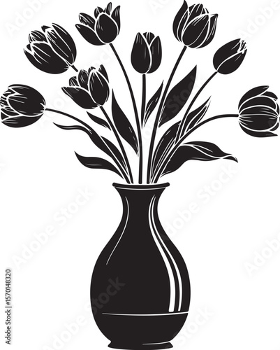 Elegant black and white illustration of tulips in a decorative ceramic vase