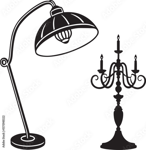 Elegant black and white illustrations of a floor lamp and decorative candle candelabra