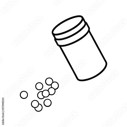 Pill bottle open cap scattered tablets line art Vector illustration