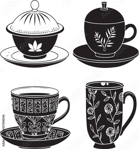 Elegant black and white tea cups and mugs with floral decorative patterning