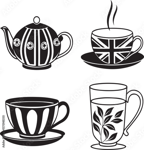 Elegant black and white tea set illustration featuring a teapot and cups