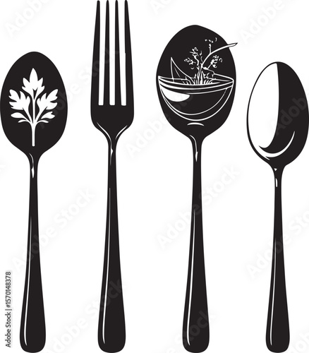 Elegant black and white utensil illustration featuring food related elements and design
