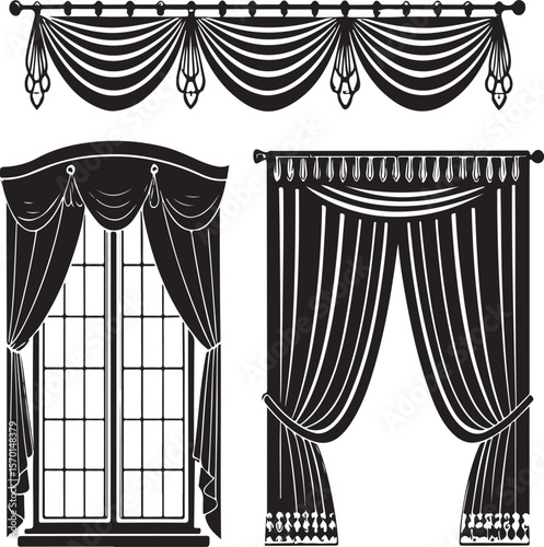 Elegant black and white vector illustration of curtains drapes and window treatments