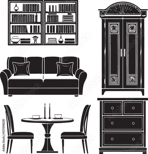 Elegant black and white vector illustration of furniture elements for home interior design