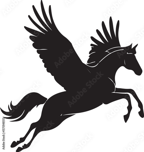 Graceful black silhouette of a mythical winged pegasus horse soaring in the sky