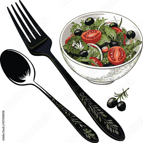 Fresh salad with olives and tomatoes served with a fork and spoon in vector illustration