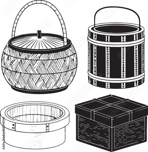 Hand drawn black and white illustrations of various woven baskets and containers